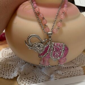 N181 Stunning Pink and Silver Lucky Elephant Pendant Necklace